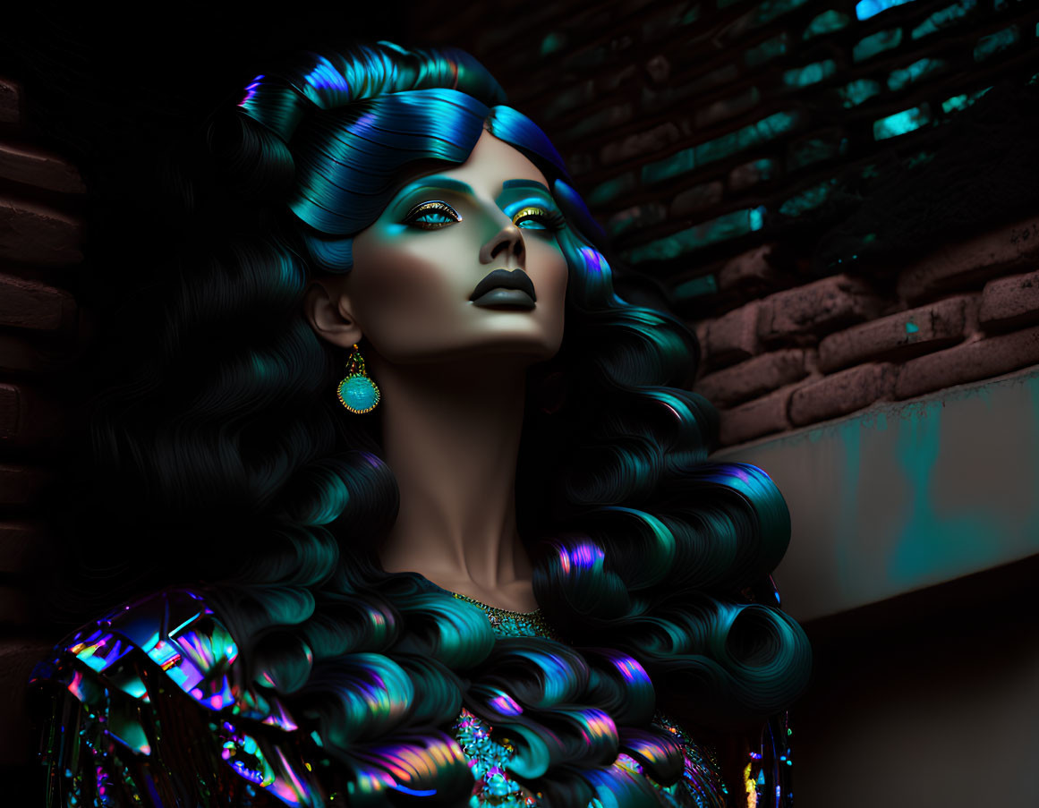 Surreal portrait: Woman with metallic blue skin, curly hair, geometric outfit, dark brick background