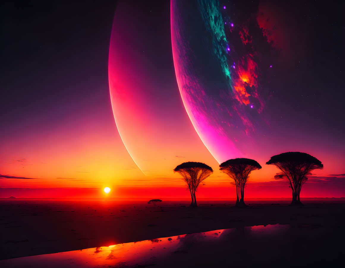 Vibrant sunset over surreal landscape with silhouetted trees and colorful planetary body