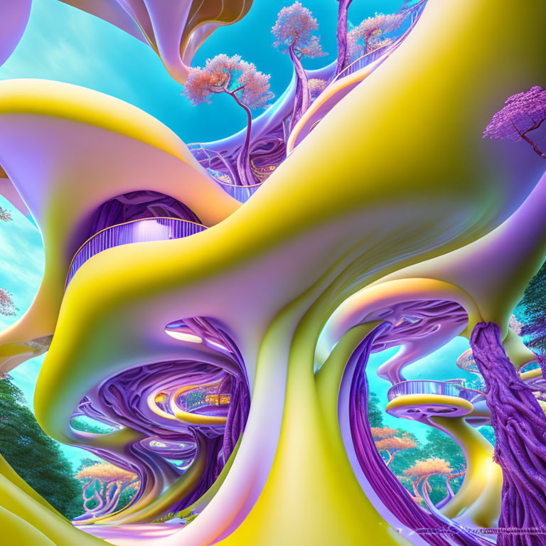 Colorful surreal landscape with twisted structures and whimsical trees