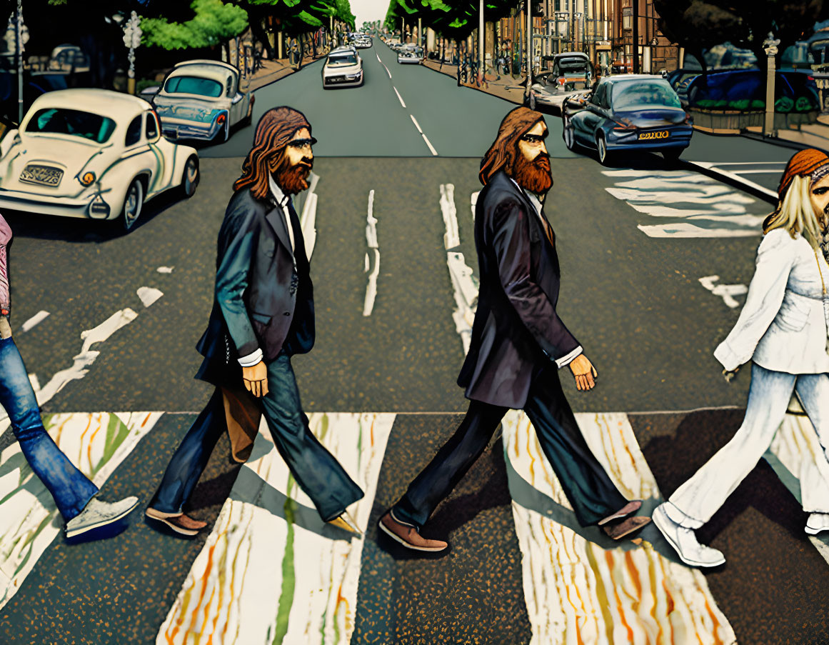 Four individuals crossing zebra crossing with vintage and modern cars in street scene.