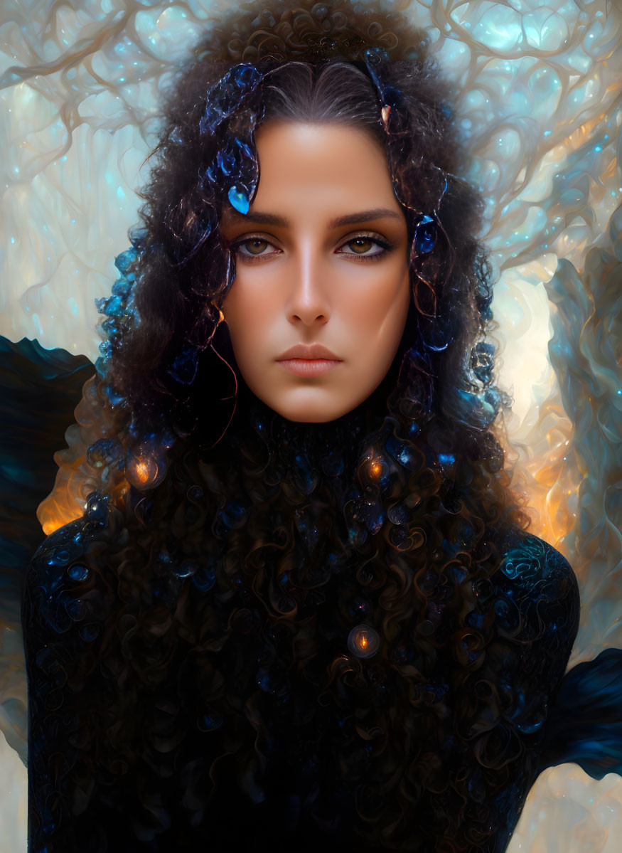 Dark Curly-Haired Woman with Blue Makeup on Abstract Background