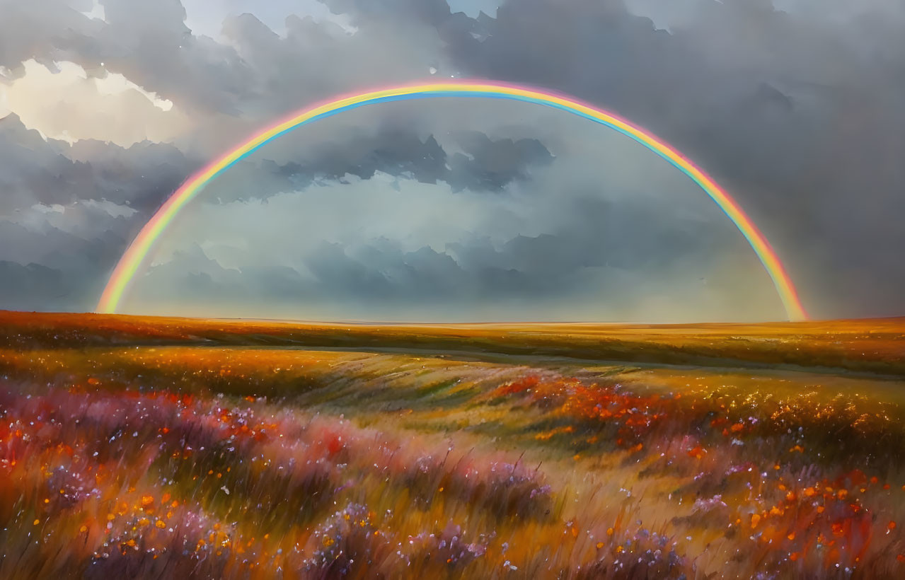 Colorful rainbow over wildflower field under dramatic sky