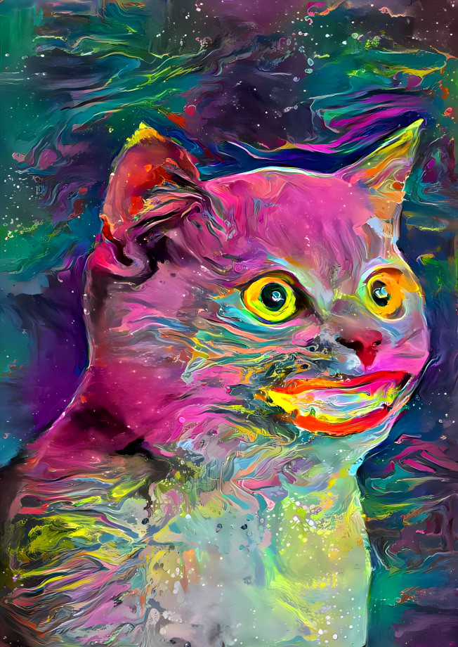 cat with human smile, neon organic painting