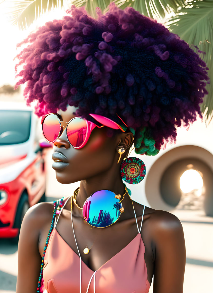 Colorful Woman with Purple Afro and Pink Shades Exudes Summer Vibes