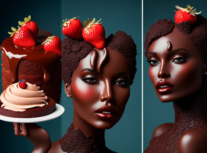 Woman's face morphed into chocolate cake with strawberries