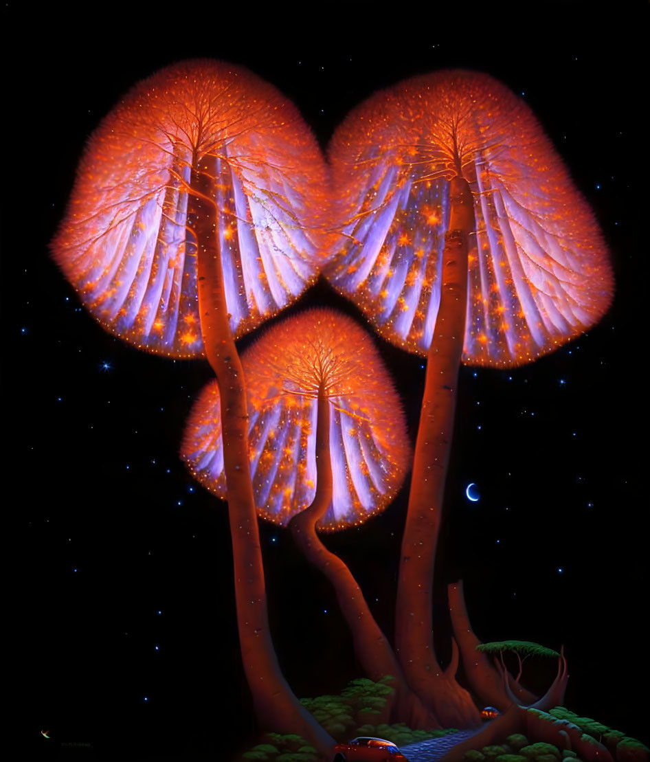 Glowing trees with mushroom canopies under starry sky and crescent moon