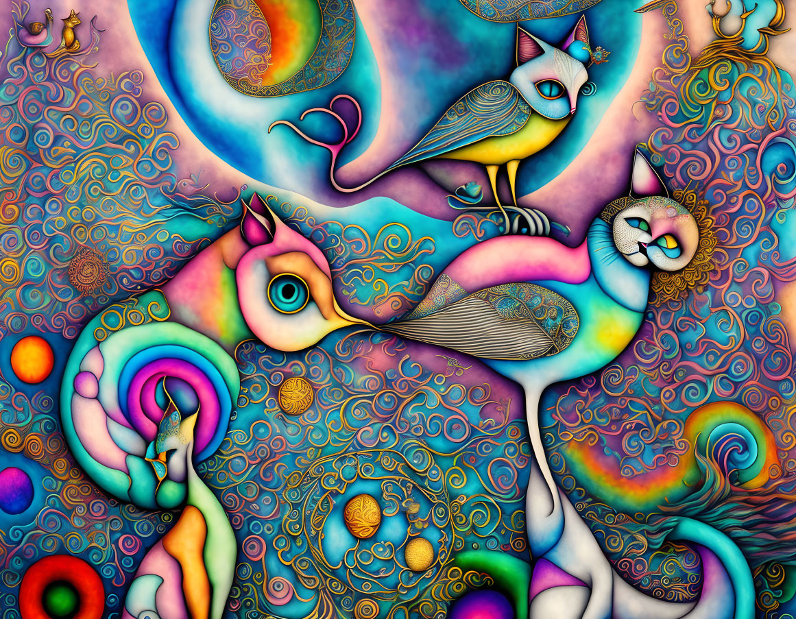 Vibrant Psychedelic Artwork with Animal Creatures & Abstract Patterns