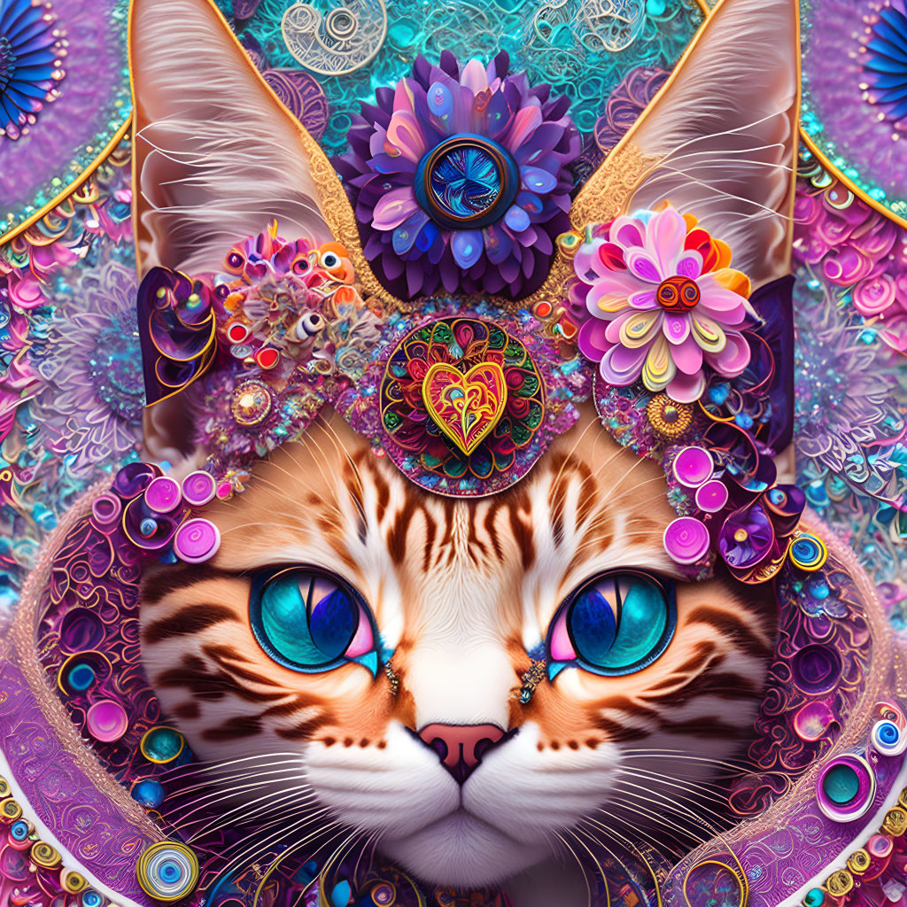 Colorful digital artwork: Whimsical cat with blue eyes and intricate patterns