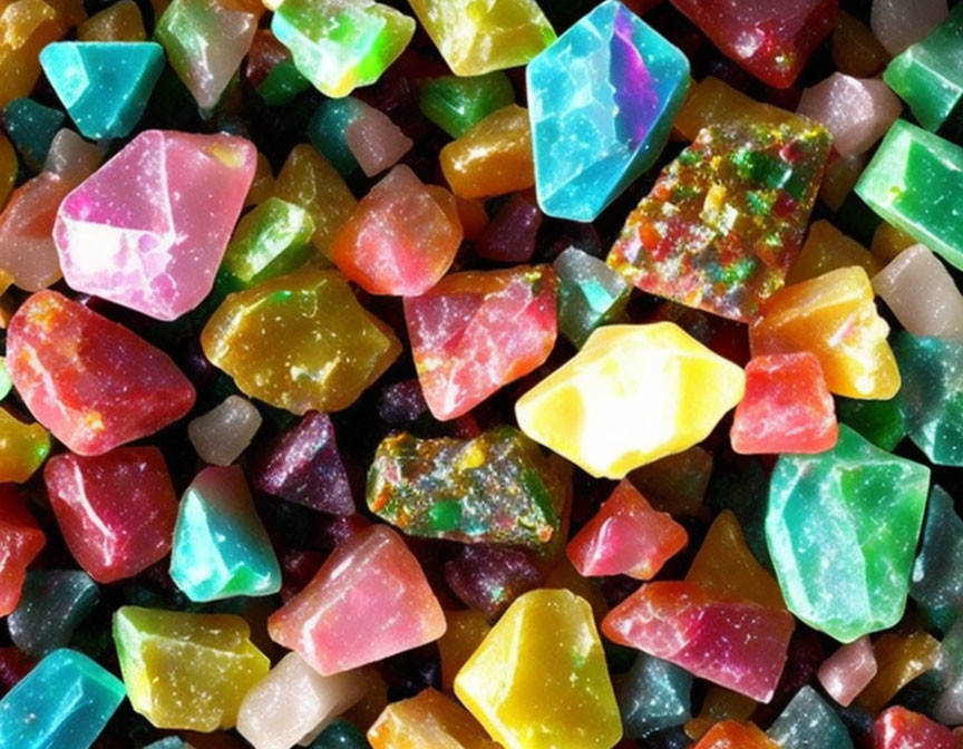 Vibrant gemstone-like candies in various shapes and translucent textures