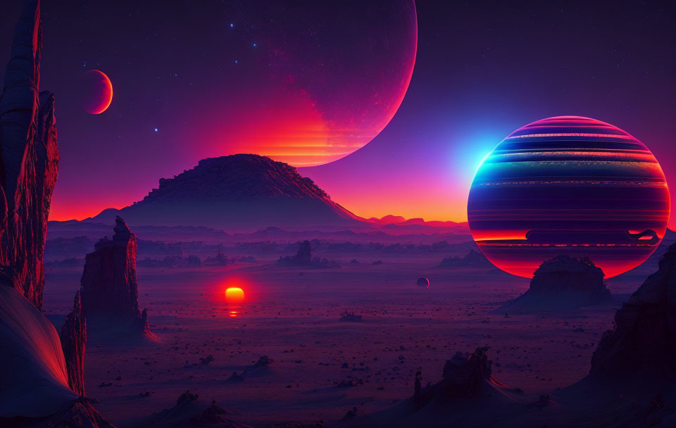 Colorful Twilight Sci-Fi Landscape with Celestial Bodies