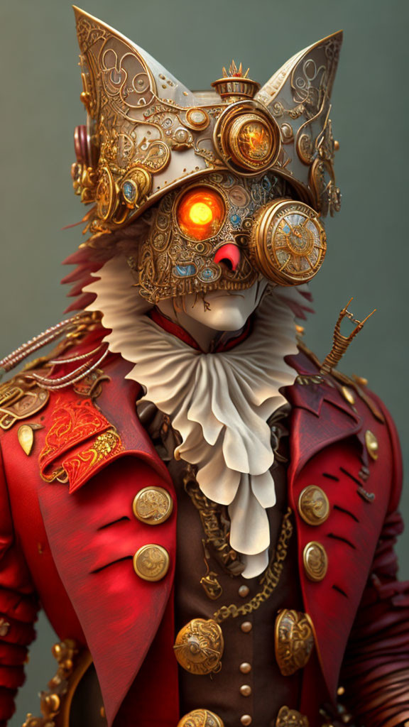 Steampunk-style cat figure with metallic mask and ornate attire