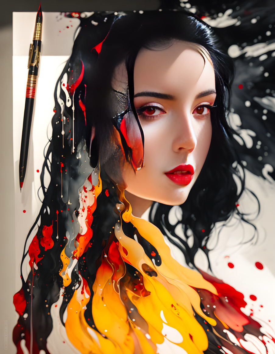 Woman with Black Flowing Hair and Red/Yellow Ink Splashes and Paintbrush