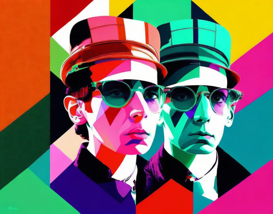 Stylized faces with sunglasses and hats on vibrant geometric background