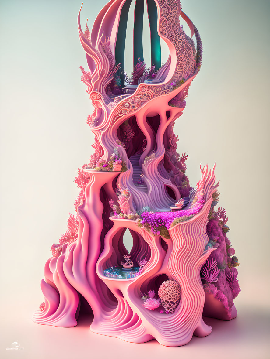 Abstract Pink and Purple Digital Sculpture with Organic Shapes and Coral Textures