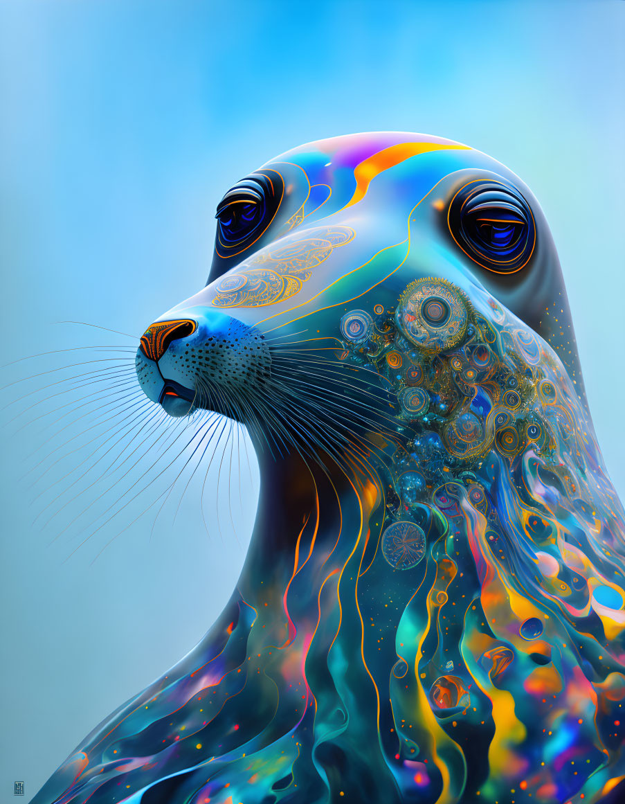 Vibrant surreal illustration of a glossy, iridescent seal with intricate mechanical patterns