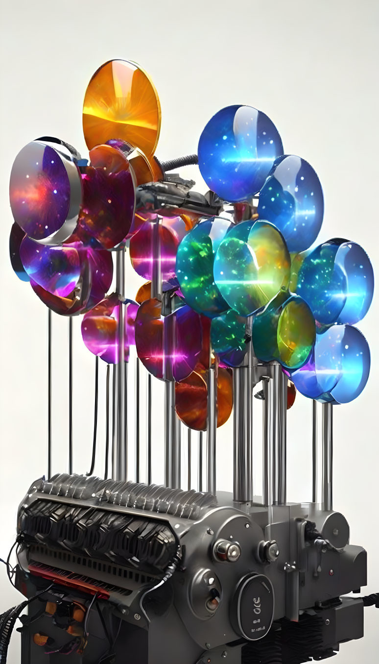 Colorful balloons contrast with car engine in artistic installation