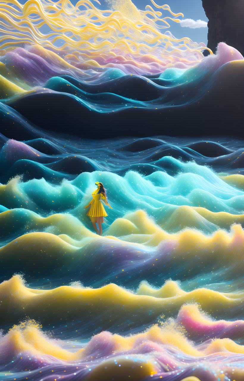 Person standing in surreal, vibrant wave landscape under swirling sky patterns