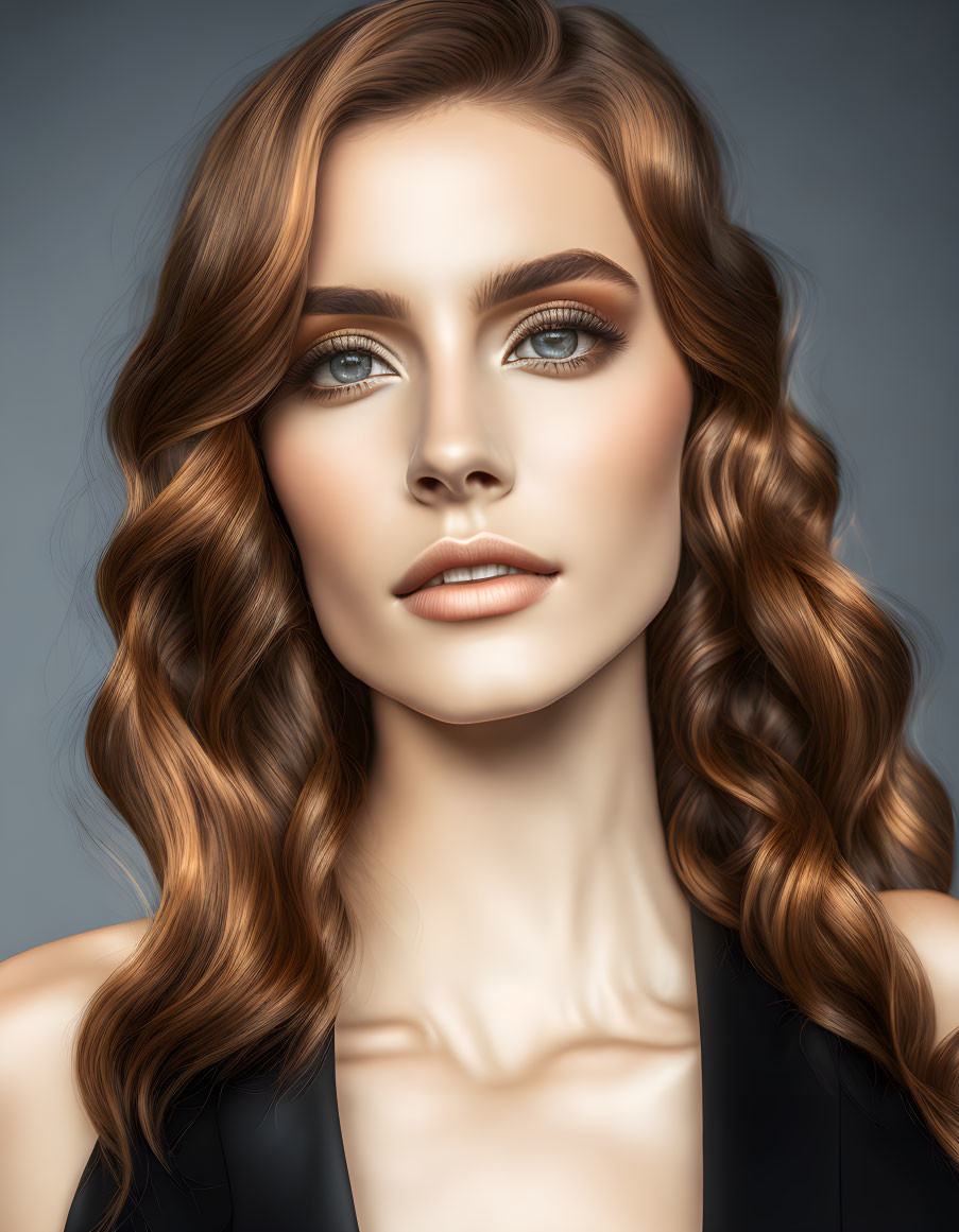 Digitally created image: Woman with auburn hair and blue eyes on grey background