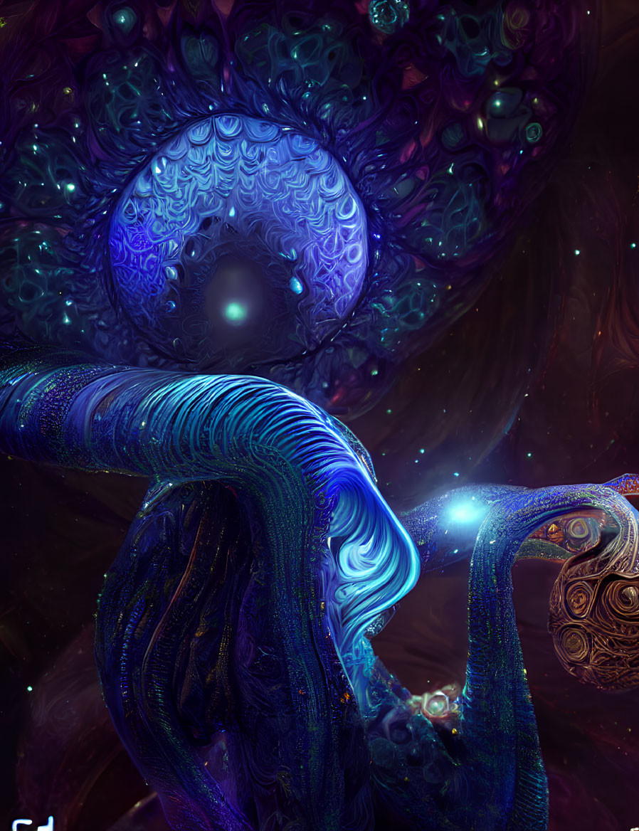 Cosmic-Inspired Digital Artwork with Swirling Tentacles and Ornate Sphere