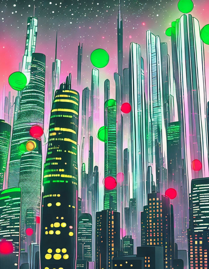 Futuristic cityscape artwork: neon-lit skyscrapers at night