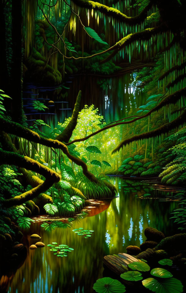 Serene River in Lush Green Forest with Hanging Vines