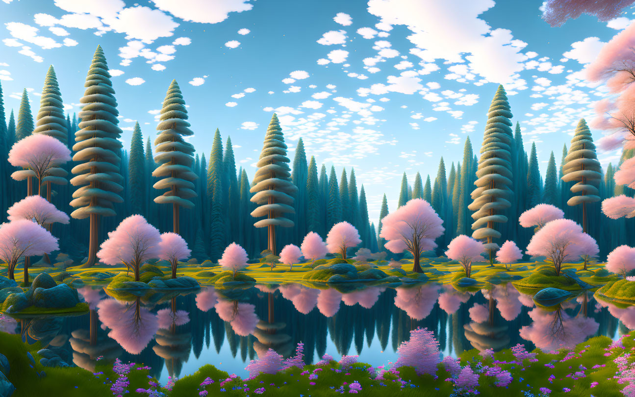 Tranquil fantasy landscape with towering trees, pink foliage, reflective lake, and flower-dotted me