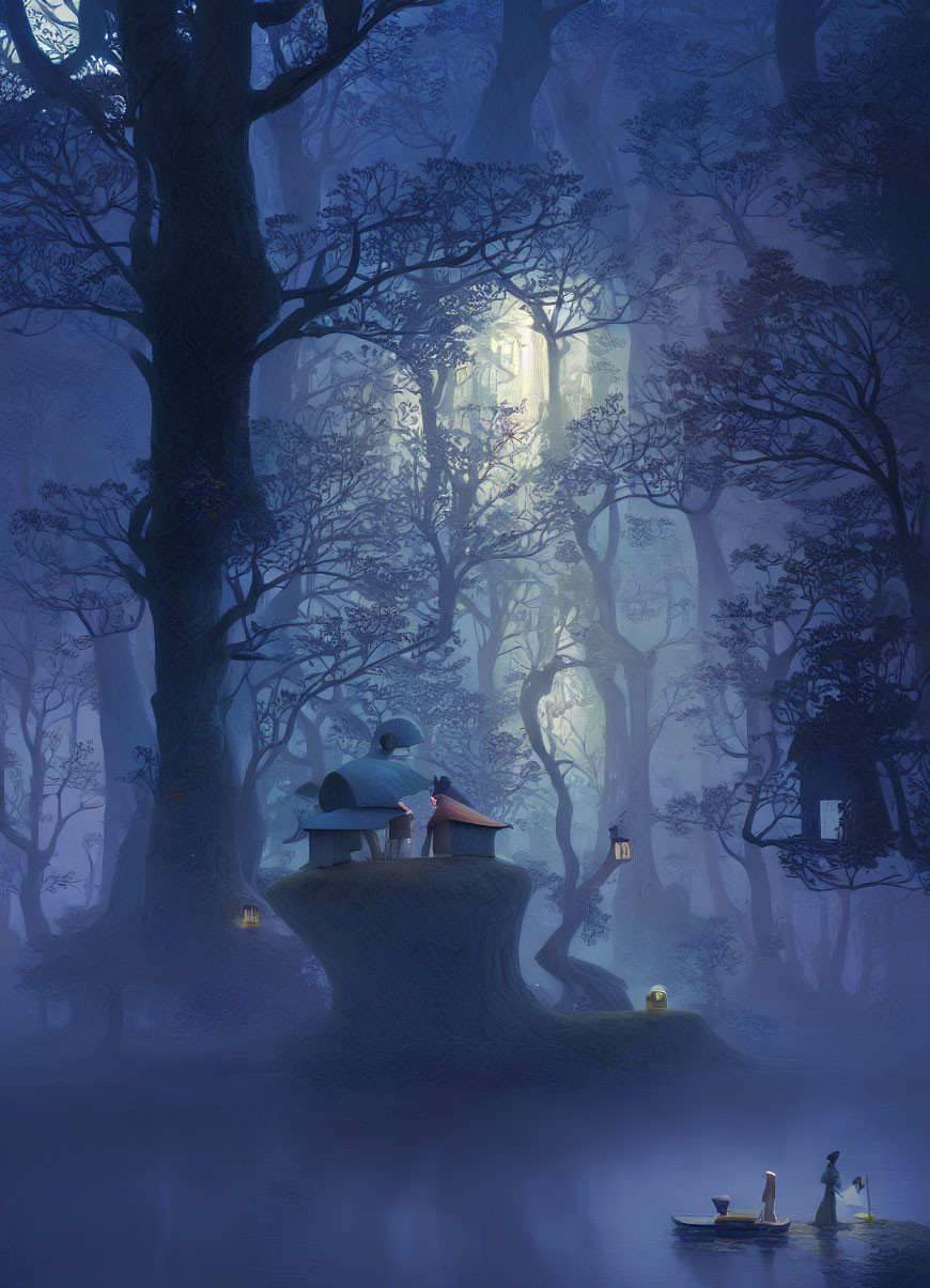 Enchanting Blue Forest with Trees, House, Lanterns, Fog, and Boat