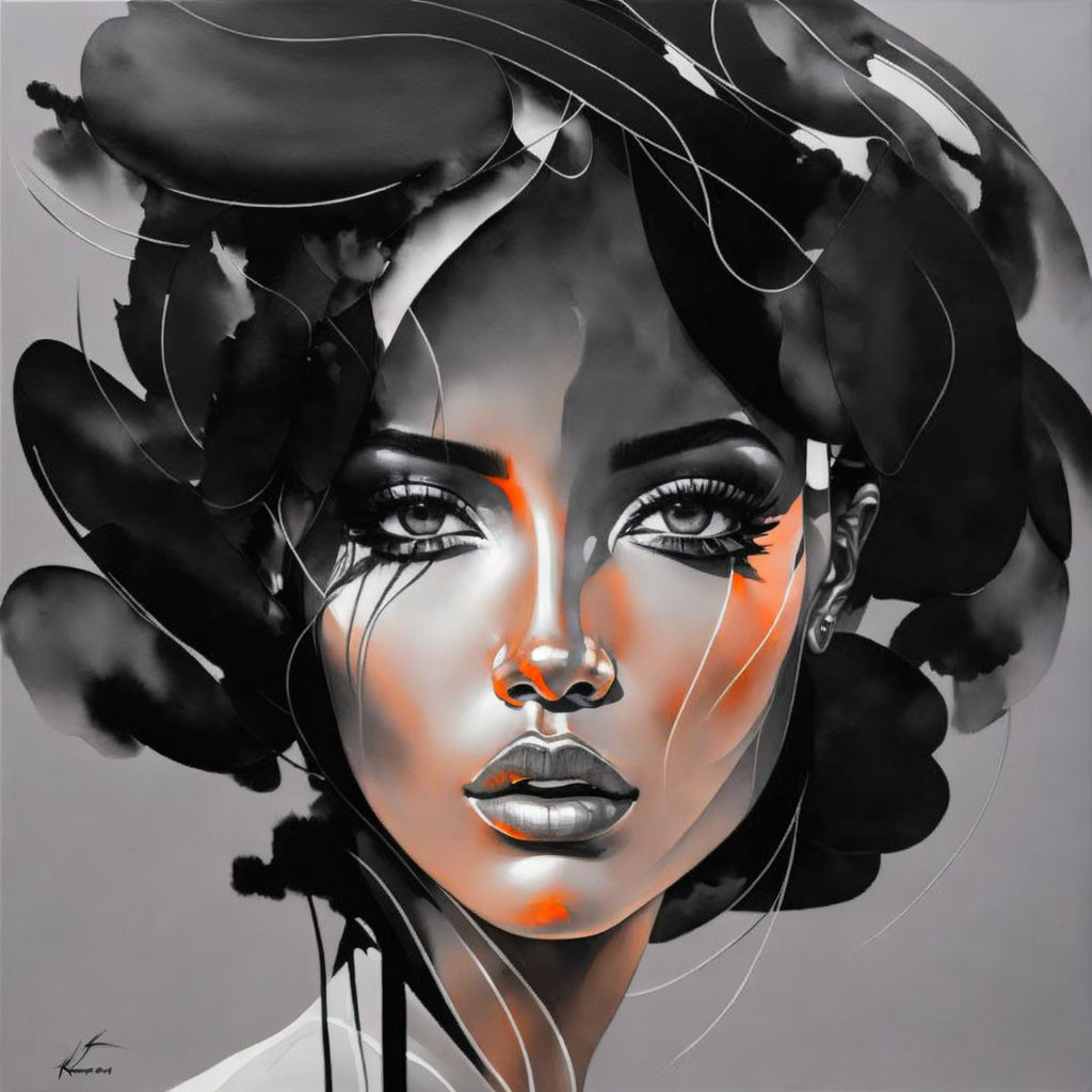 Monochromatic artwork featuring woman with orange highlights and abstract hair elements