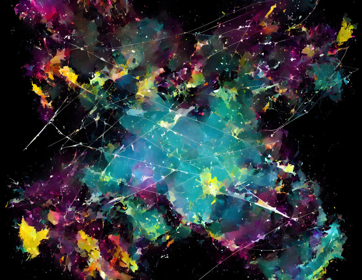 Vivid cosmic illustration with interconnected white lines on dark background