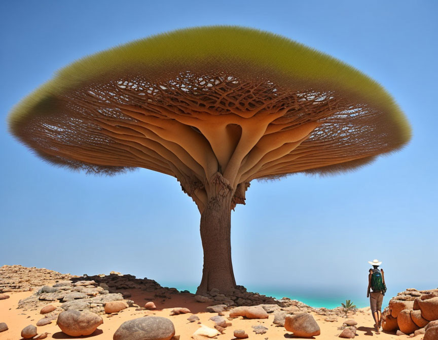 Person walking near unique umbrella-shaped tree in desert landscape