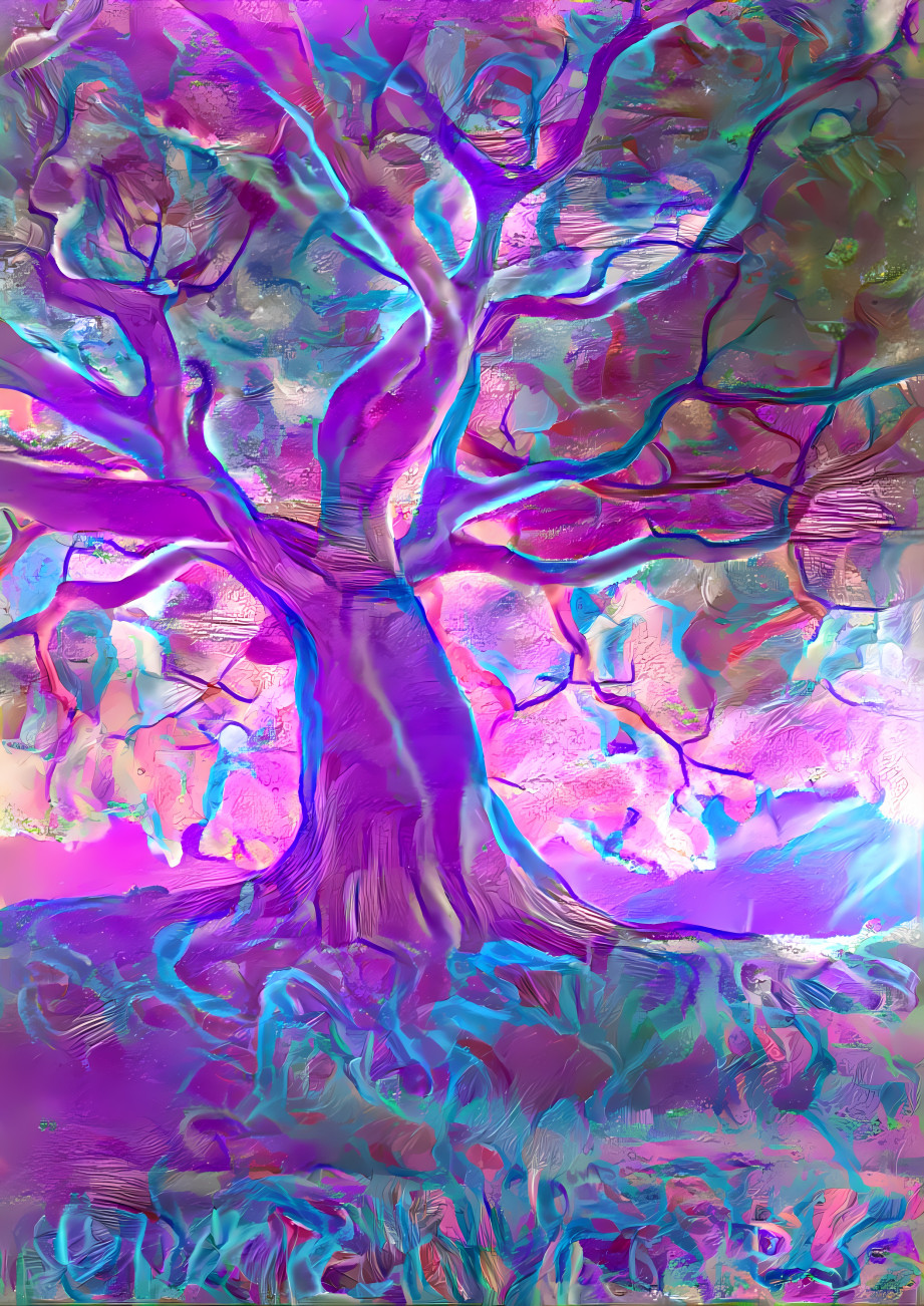 tree lit from behind, aqua, purple, pink