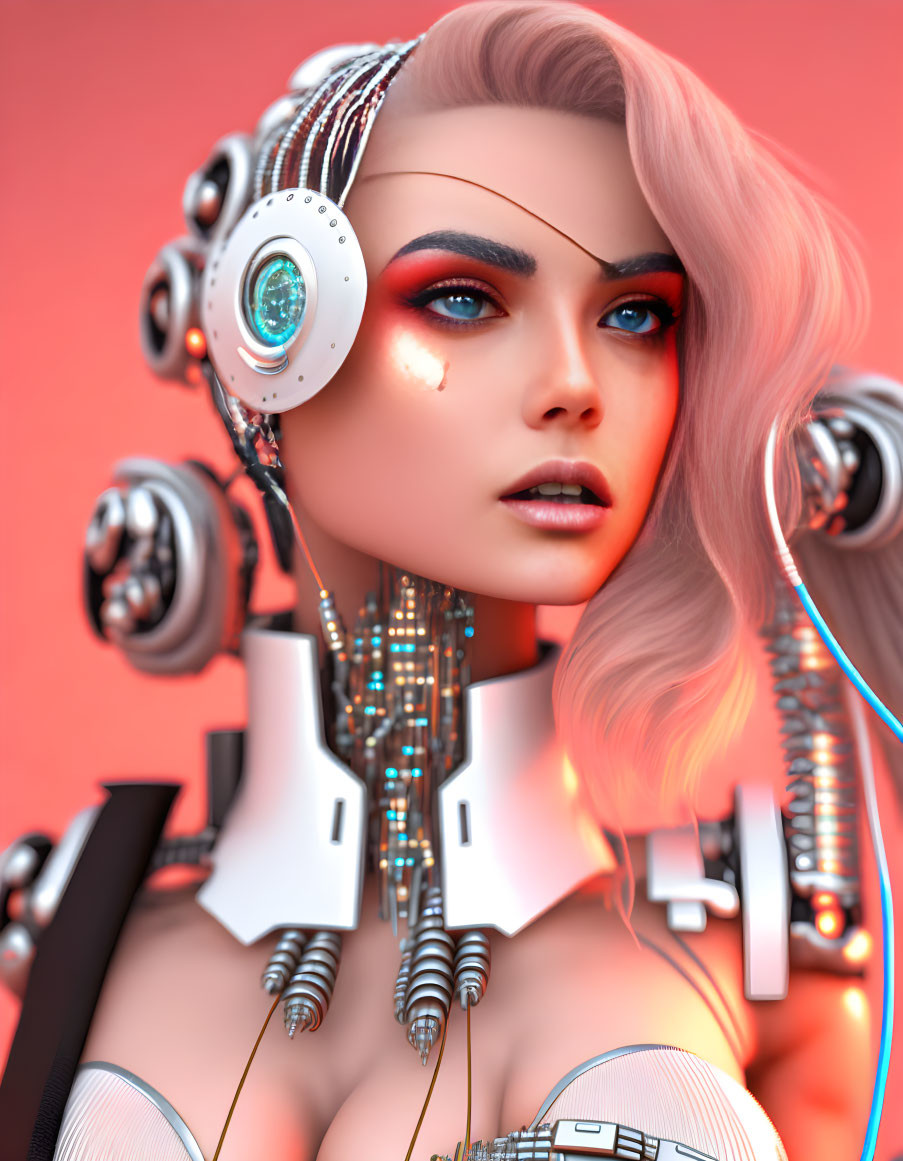 Detailed futuristic female robot with blue eyes and pink hair on red background