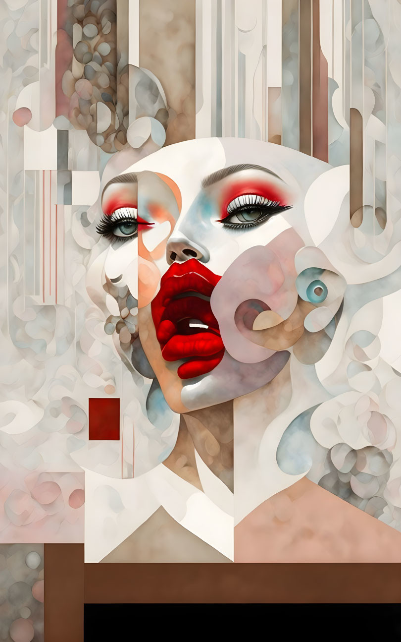 Fragmented features and abstract elements in surreal portrait.