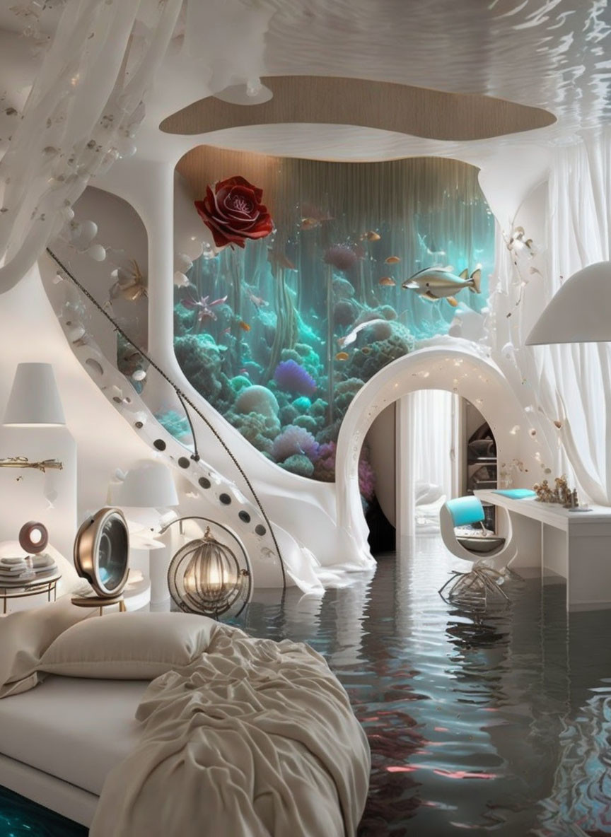 Vibrant aquarium wall in an underwater-themed bedroom with white furnishings