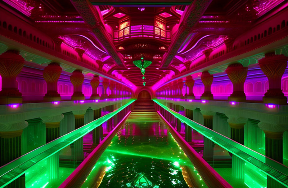 Colorful Neon-Lit Corridor with Reflective Green Floor