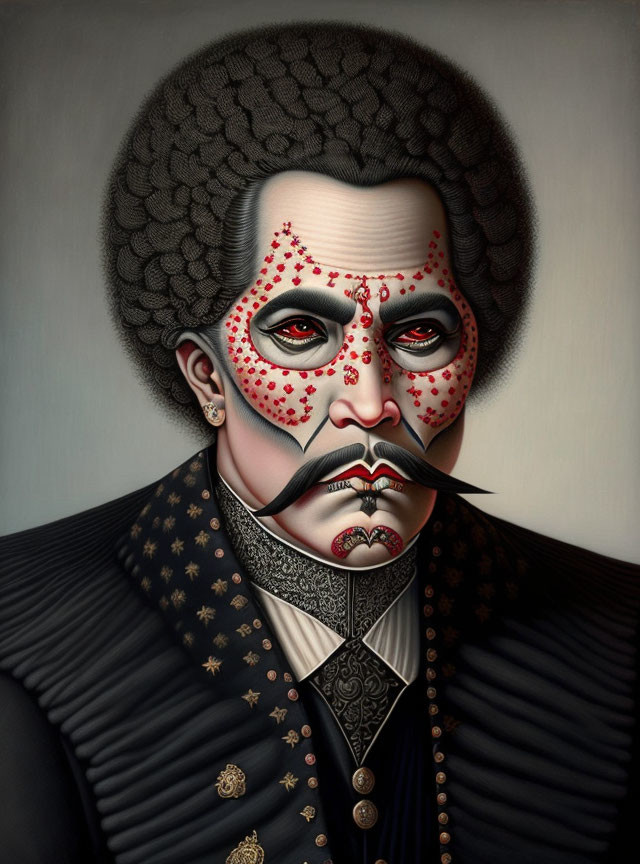 Portrait of a person with skull-like makeup, afro, mustache, and star-patterned suit