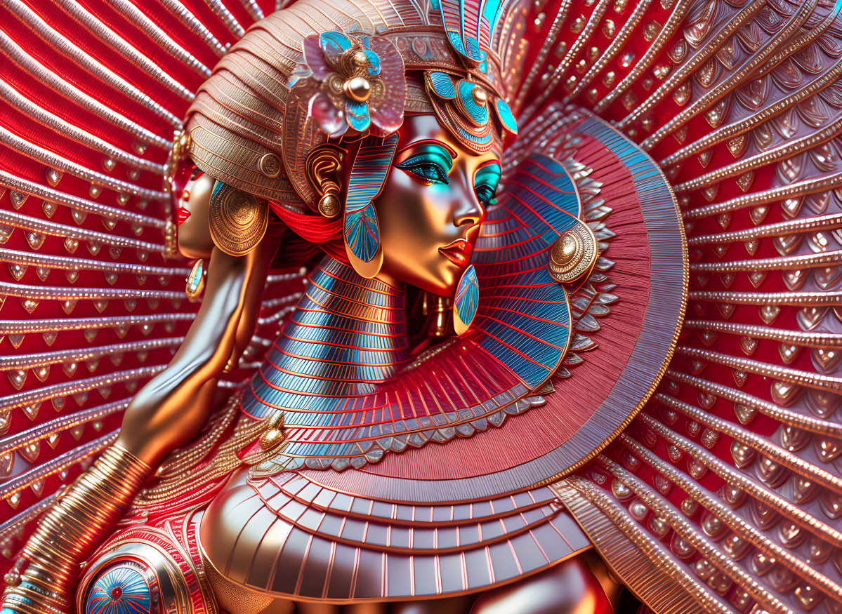 Stylized woman in ornate headpiece with gold and red metallic hues