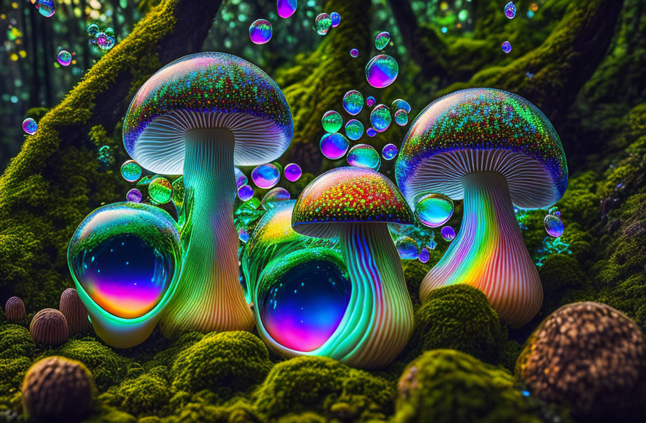 Colorful luminescent mushrooms and iridescent bubbles in mossy forest.