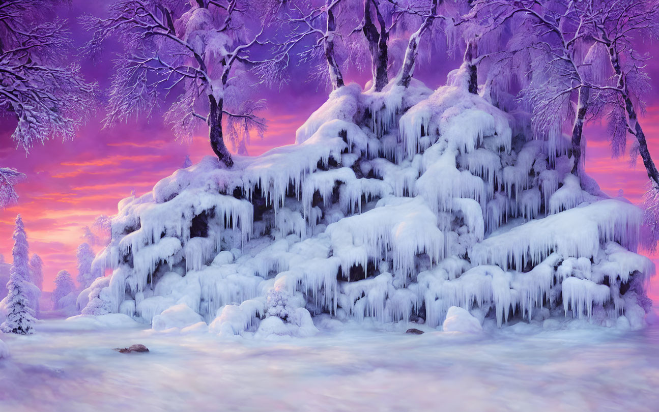 Snow-covered landscape with ice-enshrouded trees under a purple sky