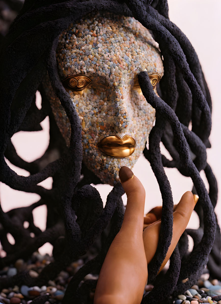 Textured sculpture of face with golden eyes and lips, black tendrils, human finger touch