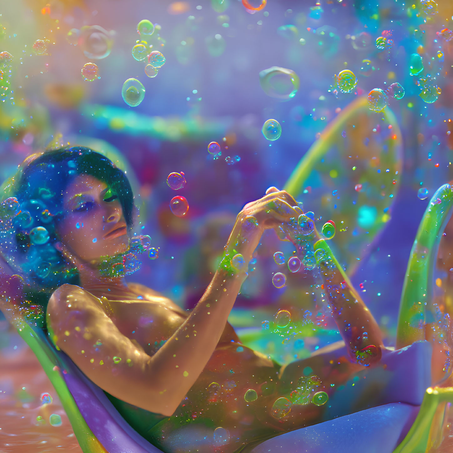 Person surrounded by colorful iridescent bubbles in dreamy backdrop