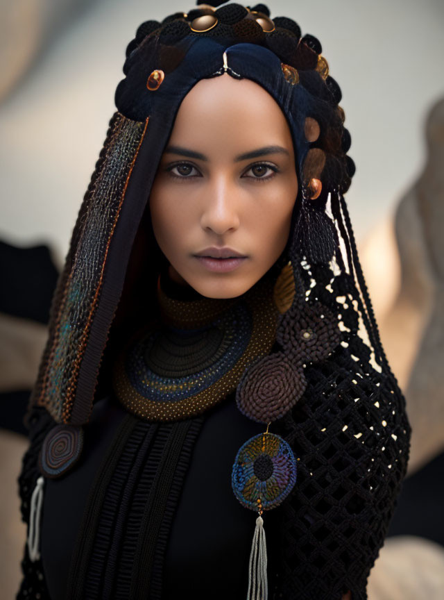 Striking woman in ornate headdress and dark outfit