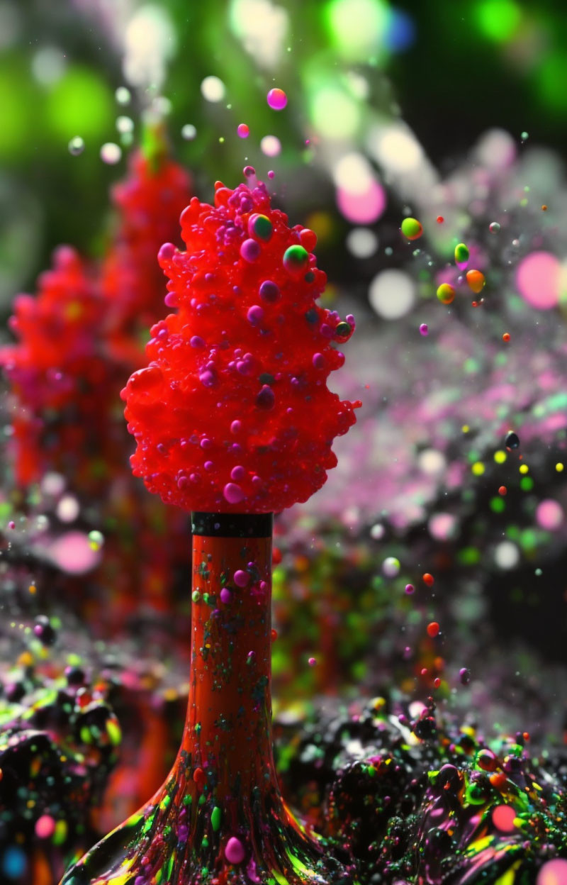 Colorful liquid droplets frozen around red tree-like structure