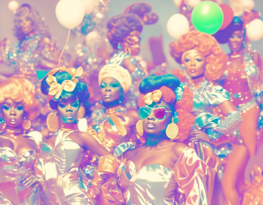 Colorful drag queens with balloons in dreamy setting