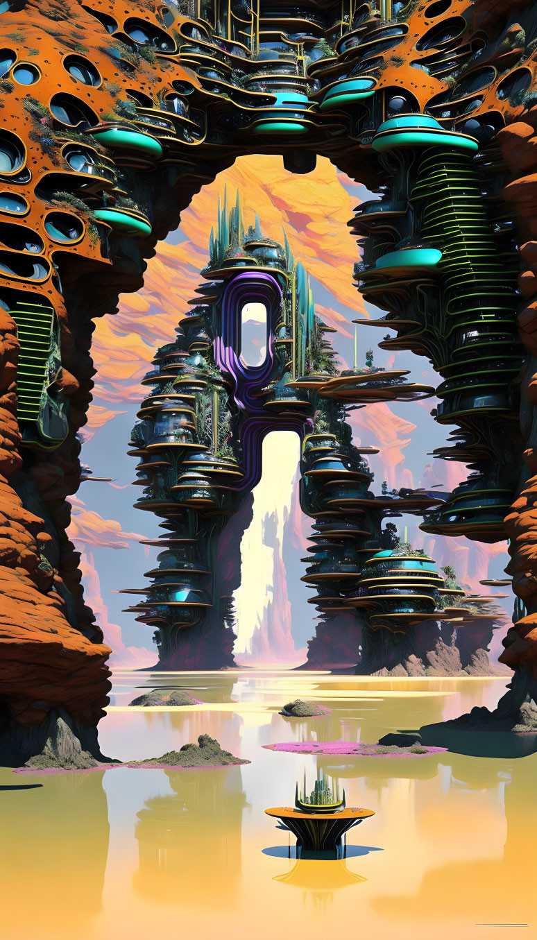 Futuristic surreal landscape with rock formations and waterfall