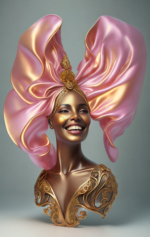 Smiling woman with pink headpiece and golden shoulder armor on grey background