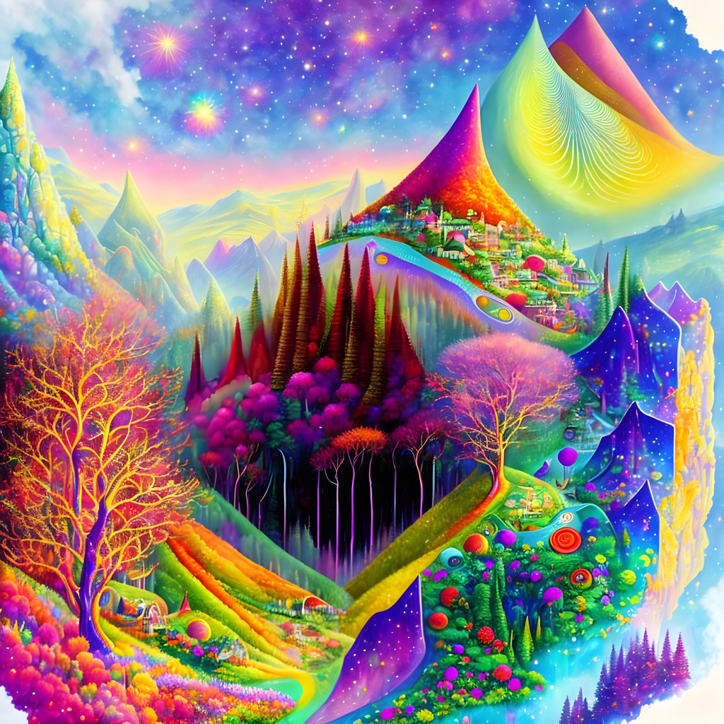 Colorful surreal landscape with waterfalls, mystical trees, and cosmic backdrop