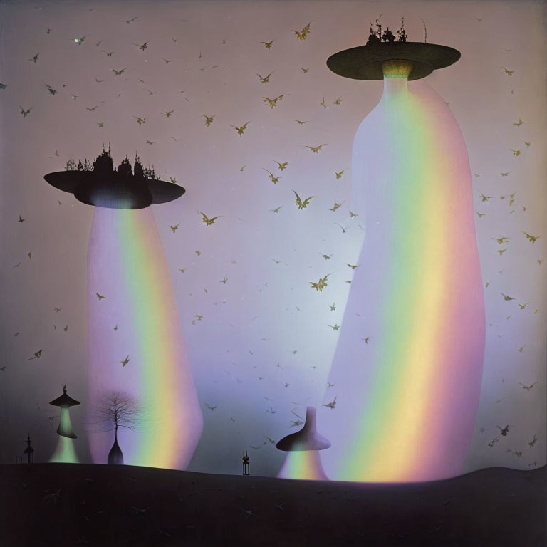 UFOs emitting rainbow beams over miniature landscapes with flying birds in dusk sky