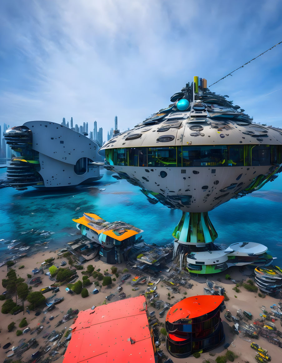 Futuristic seaside cityscape with floating spherical structures and modern buildings