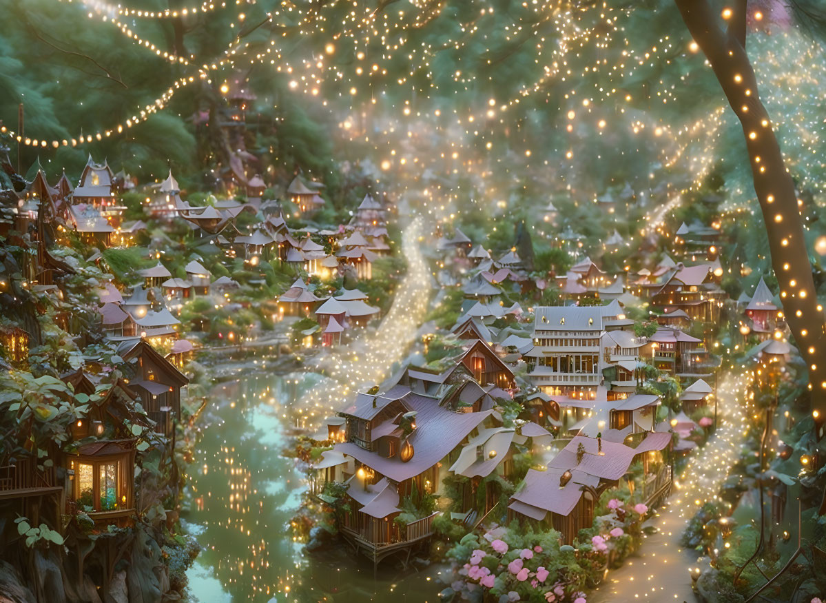 Enchanting village with twinkling lights, traditional buildings, river, starry sky